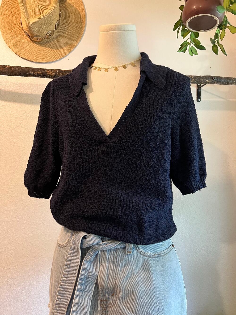 Anthropologie Cotton Navy Blue Collared Deep V Short Sleeve Blouse Size Medium